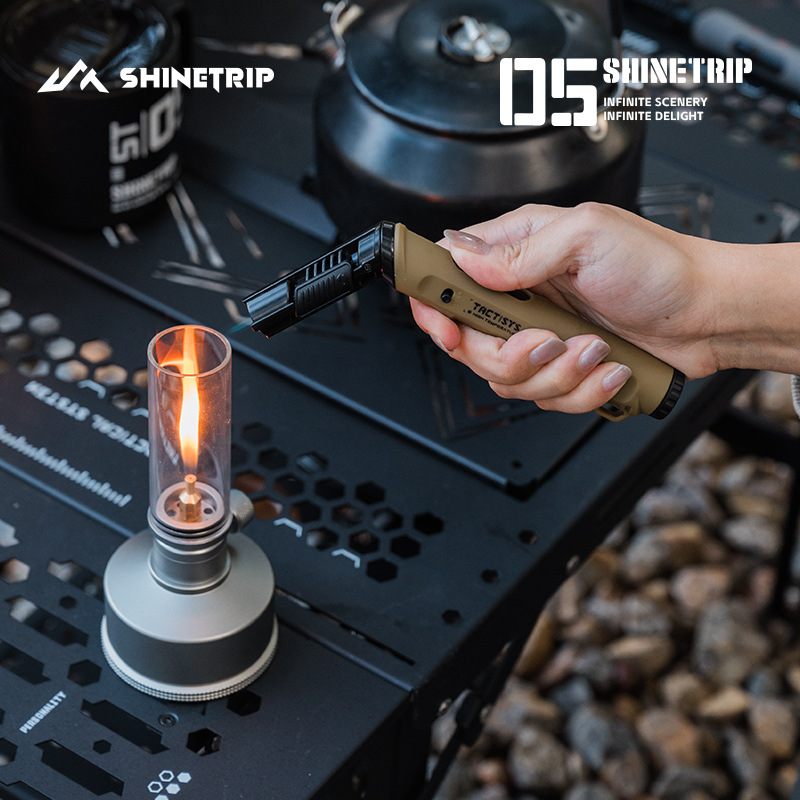 Fire Piston Starter - หัวฉีดพับได้ กันลม เปลวไฟสีน้ำเงิน ไฟแช็กแก๊สบิวเทน พร้อมสวิตช์ล็อกนิรภัย อุปกรณ์จุดไฟที่จำเป็นสำหรับการตั้งแคมป์กลางแจ้ง