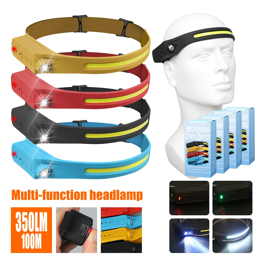 Headlamp Waterproof Rechargeable - ไฟหน้าแบบชาร์จไฟได้ 350 ลูเมนเซ็นเซอร์ตรวจจับความเคลื่อนไหวไฟหน้า LED ไฟฉาย IP65