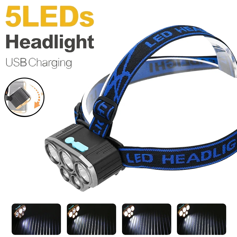 Headlamp Waterproof Rechargeable - ไฟฉายคาดศีรษะแบบชาร์จไฟได้ 5 LED สว่างเป็นพิเศษ ไฟฉายคาดศีรษะกันน้ำที่มีประสิทธิภาพสำหรับการตั้งแคมป์กลางแจ้งวิ่งแสงสว่าง
