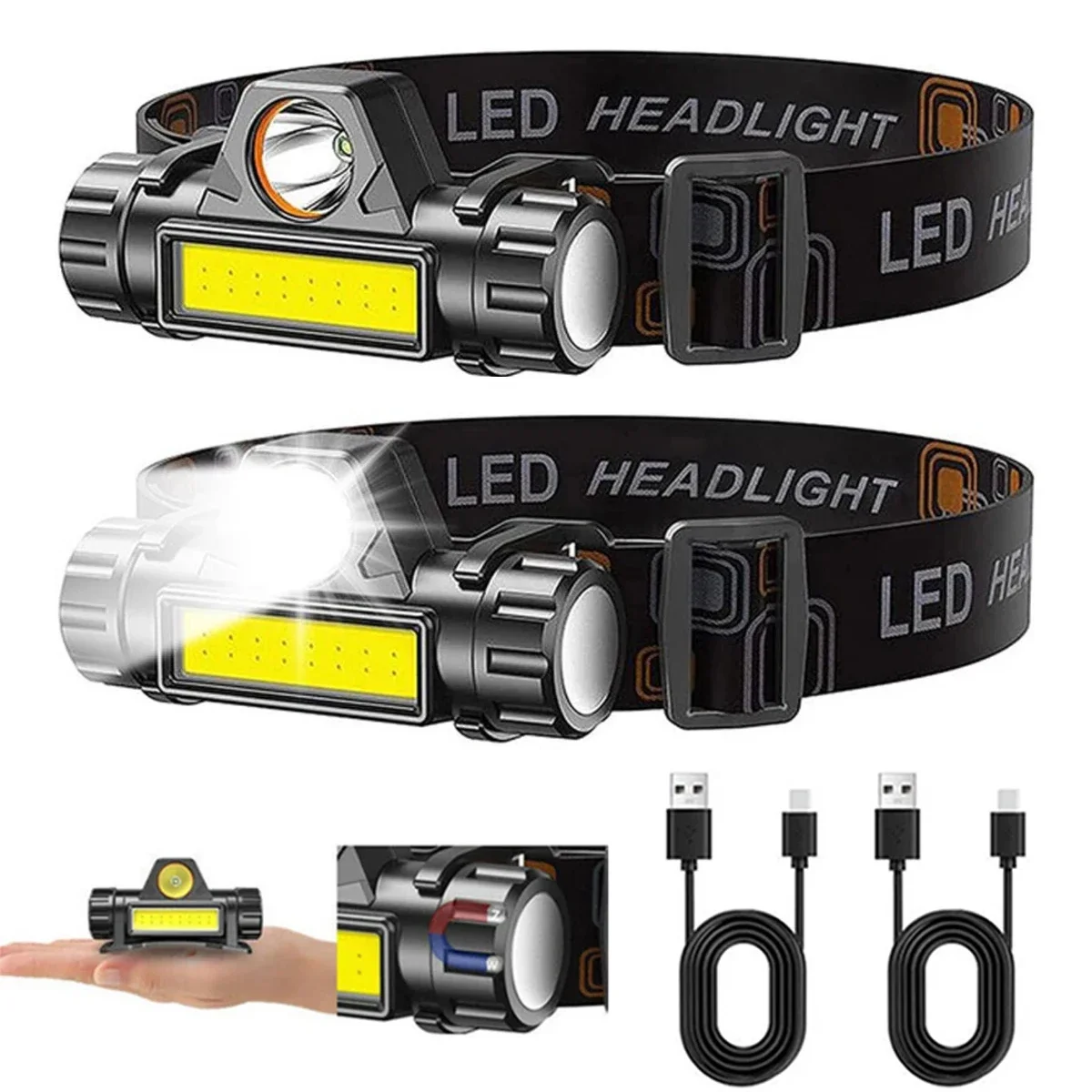 Headlamp Waterproof Rechargeable - 1-3PCS แบบชาร์จไฟได้ COB LED ไฟหน้าแม่เหล็กไฟหน้าที่มีประสิทธิภาพ Super