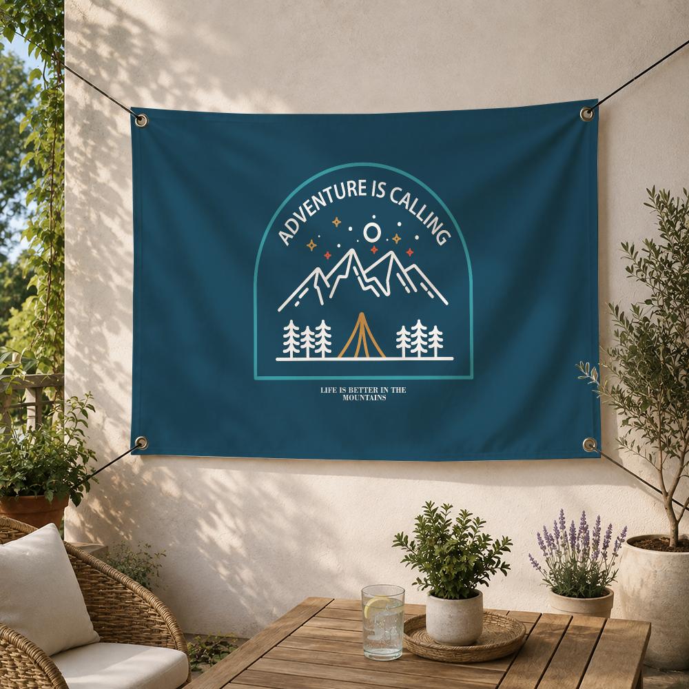 Outdoor Adventure Logo - ธงโลโก้การผจญภัยกลางแจ้งสำหรับตั้งแคมป์ ธงประดับตกแต่งสำหรับสวนกลางแจ้ง ลานบ้าน งานปาร์ตี้ แคมป์ปิ้ง และตกแต่งผนังบ้าน