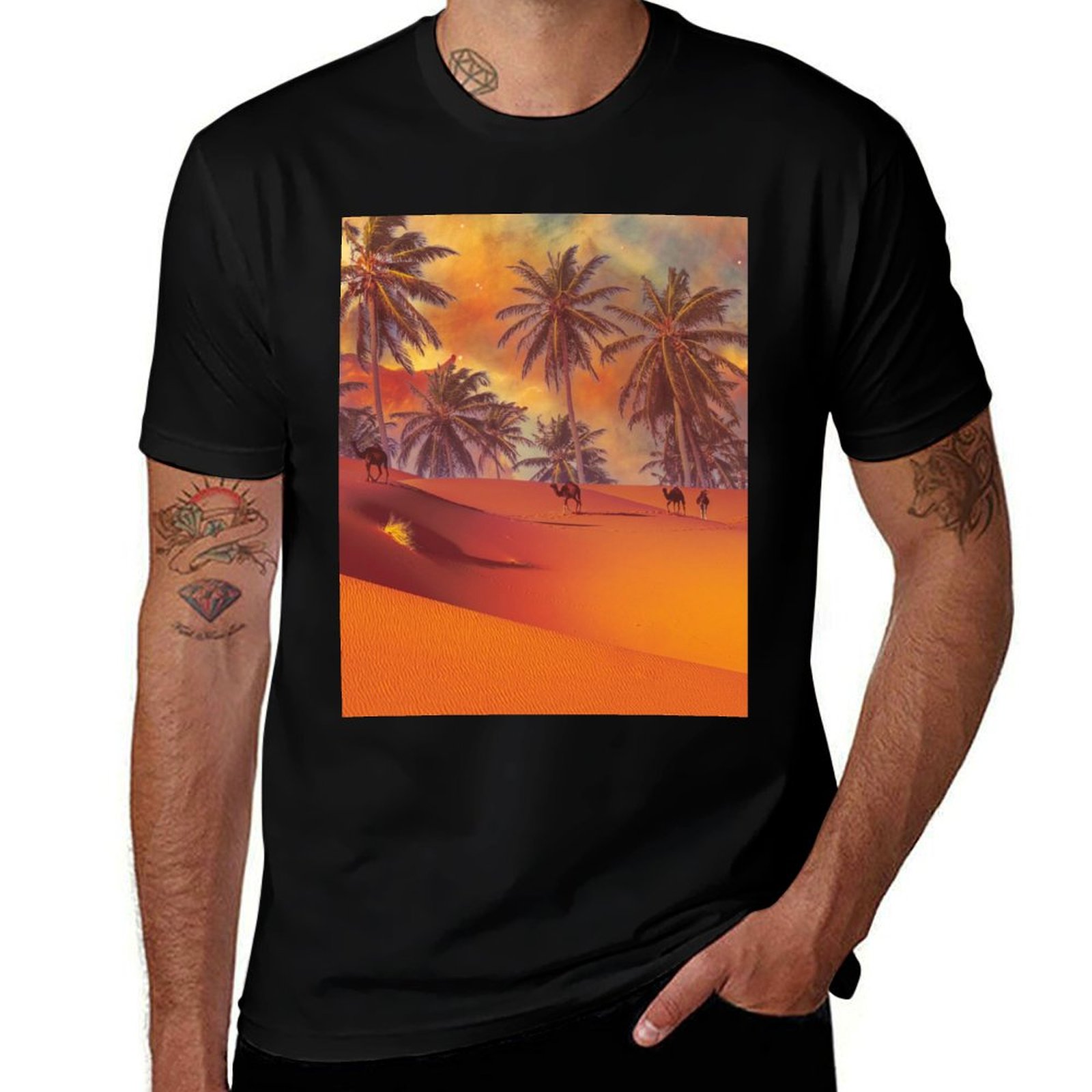 Outdoor Adventure Images - โอเอซิสในทะเลทราย ภาพสำหรับนักผจญภัย เสื้อยืดกันยูวี เสื้อยืดสำหรับกิจกรรมกลางแจ้ง