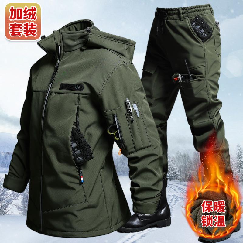 Outdoor Adventures - ชุดเสื้อแจ็คเก็ตและกางเกงกำมะหยี่กันน้ำสำหรับฤดูใบไม้ร่วงและฤดูหนาว สำหรับผู้ชาย ขี่จักรยาน เดินป่า ตั้งแคมป์ เสื้อผ้าสำหรับการผจญภัย